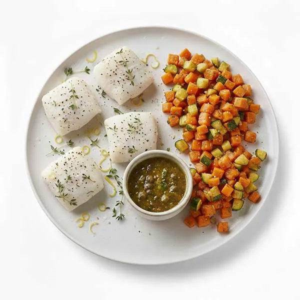 Thyme Citrus Fish with Zucchini or Glazed Carrots & Caper Butter Sauce